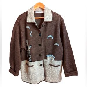 VINTAGE GADDY Brown Wool Alpine Embroidery Cottagecore Knit Cardigan Extra-Large